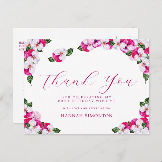 ピンクかわいらしホワイトフローラ80誕生日ありがとう ポストカード (正面/裏面)