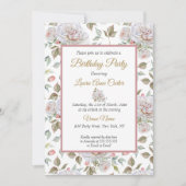 ピンクかわいらしホワイトローズ写真誕生日パーティー 招待状