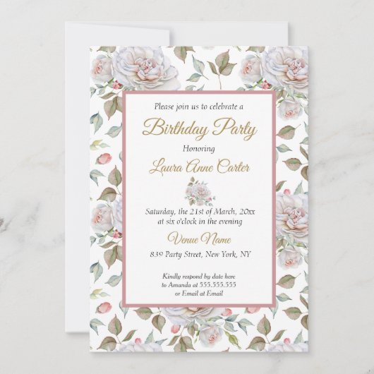 ピンクかわいらしホワイトローズ写真誕生日パーティー 招待状 (正面)