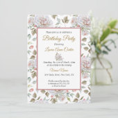 ピンクかわいらしホワイトローズ写真誕生日パーティー 招待状