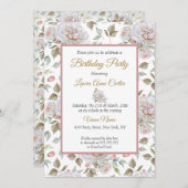 ピンクかわいらしホワイトローズ写真誕生日パーティー 招待状 (正面/裏面)