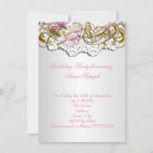 ピンクかわいらしホワイト金ゴールドレースフローラ誕生日パーティー 招待状 (裏面)