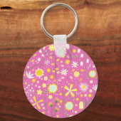 ピンクかわいらしボタニカルワイルドフラワーフローラキーチェーン キーホルダー (正面)
