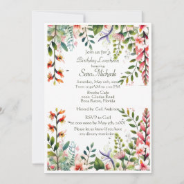 ピンクかわいらしボタニカル誕生日ルンチョン 招待状