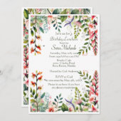 ピンクかわいらしボタニカル誕生日ルンチョン 招待状 (正面/裏面)