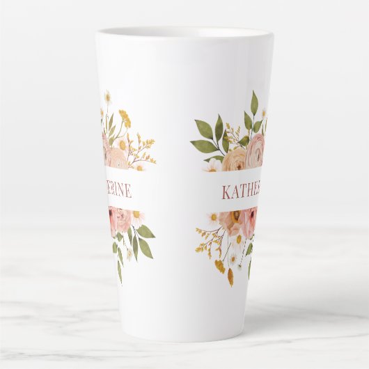 ピンクかわいらしボヘミアンフローラ名 カフェラテマグ (正面)