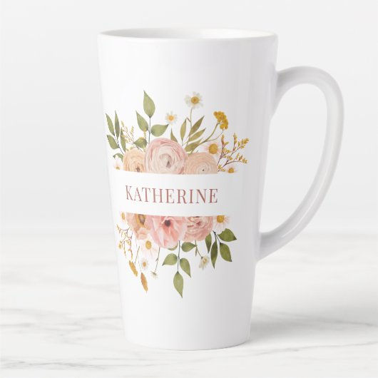 ピンクかわいらしボヘミアンフローラ名 カフェラテマグ (右)