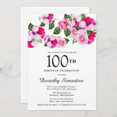 ピンクかわいらしマゼンタ白フローラ100誕生日 招待状 (正面/裏面)