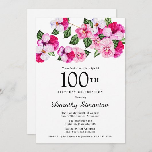 ピンクかわいらしマゼンタ白フローラ100誕生日 招待状 (正面/裏面)