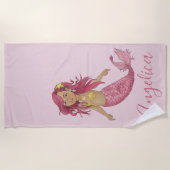 ピンクかわいらしマーメイドガールズルーム名前をカスタムする ビーチタオル (正面)