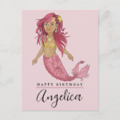 ピンクかわいらしマーメイドハッピーバースデー名前をカスタムする ポストカード (正面)