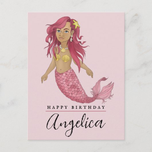 ピンクかわいらしマーメイドハッピーバースデー名前をカスタムする ポストカード (正面)