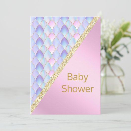 ピンクかわいらしマーメイド赤ちゃんシャワー招待状金ゴールド 招待状 (スタンド正面)