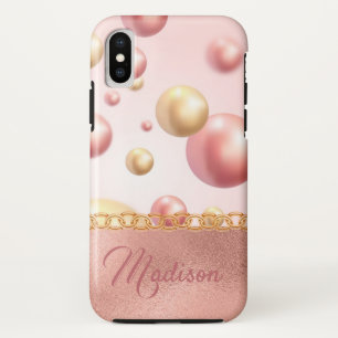 ピンクかわいらしメタリックバブガーリールピーチ金ゴールド iPhone XSケース