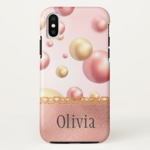 ピンクかわいらしメタリックバブルガーリーピーチ金ゴールドケース iPhone XSケース