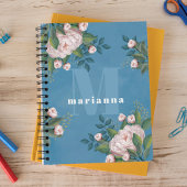 ピンクかわいらしモノグラムヴィンテージフローラ緑バラ ノートブック