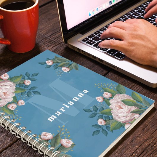 ピンクかわいらしモノグラムヴィンテージフローラ緑バラ ノートブック