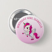 ピンクかわいらしユニコーン誕生日ガールパーソナライズされた 缶バッジ (正面&裏面)