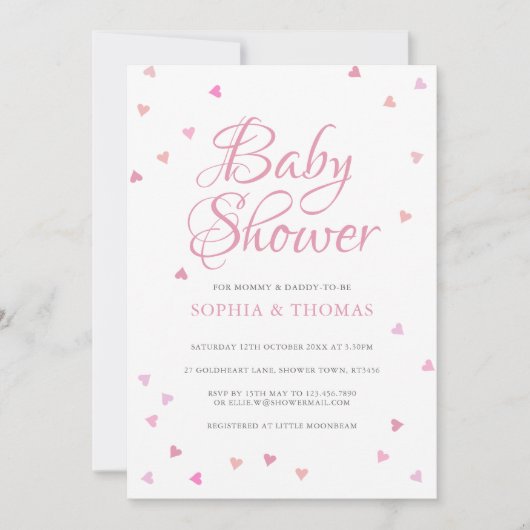 ピンクかわいらしラブハートカップル赤ちゃんシャワー 招待状 (正面)