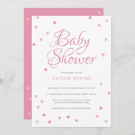 ピンクかわいらしラブハートベビーシャワー/散水 招待状 (正面/裏面)