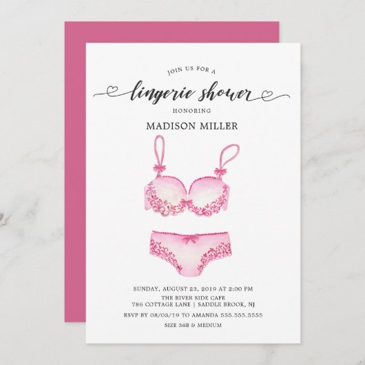 ピンクかわいらしランジェリーブライダルシャワー 招待状 (正面/裏面)