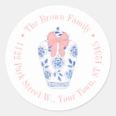 ピンクかわいらしリボン差出人住所付きジンジャージャー ラウンドシール (正面)