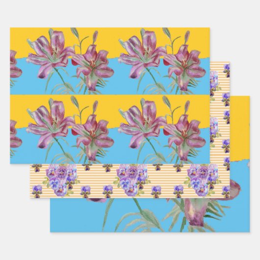ピンクかわいらしリリーフラワーフローラリリー水彩W ラッピングペーパーシート (セット)