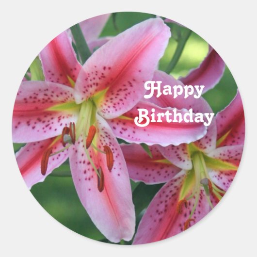 ピンクかわいらしリリーフローラフォト誕生日 ラウンドシール (正面)