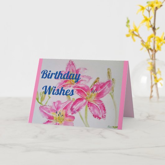 ピンクかわいらしリリー水彩フローラ誕生日カード カード (黄色い花)