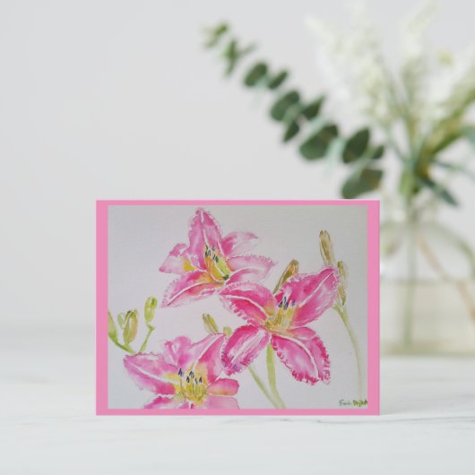 ピンクかわいらしリリー水彩誕生日はがき ポストカード (スタンド正面)