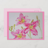 ピンクかわいらしリリー水彩誕生日はがき ポストカード (正面/裏面)