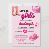 ピンクかわいらしレッツゴーガールズウェスタン誕生日 招待状 (正面)