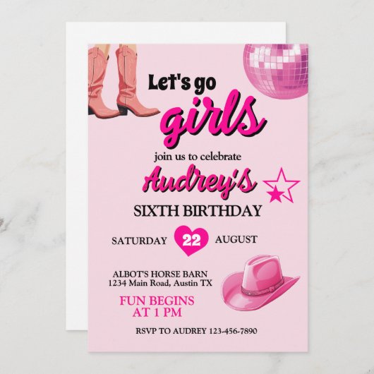 ピンクかわいらしレッツゴーガールズウェスタン誕生日 招待状 (正面/裏面)