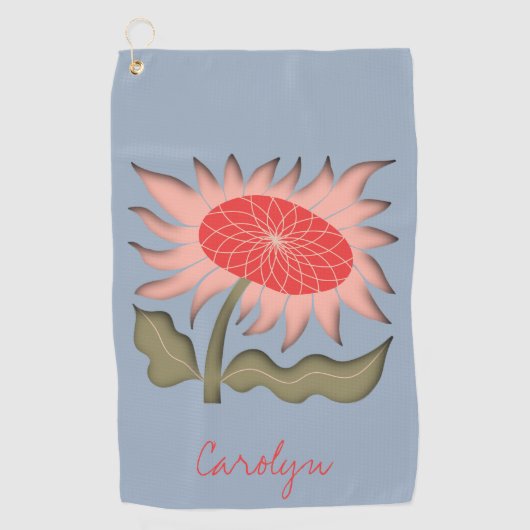 ピンクかわいらしレトロ3Dひまわり ゴルフタオル (正面)