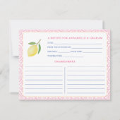 ピンクかわいらしレモンブライダルシャワーレシピカード 招待状 (正面)