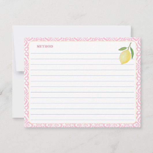 ピンクかわいらしレモンブライダルシャワーレシピカード 招待状 (裏面)