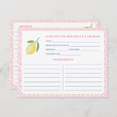 ピンクかわいらしレモンブライダルシャワーレシピカード 招待状 (正面/裏面)