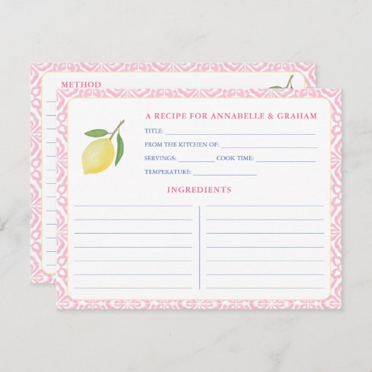 ピンクかわいらしレモンブライダルシャワーレシピカード 招待状 (正面/裏面)