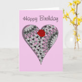 ピンクかわいらしレースハートレッドローズ誕生日カード カード (黄色い花)