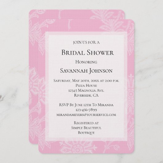 ピンクかわいらしレースフローラブライダルシャワー 招待状 (正面/裏面)