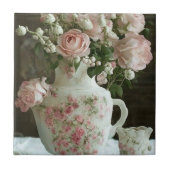 ピンクかわいらしローズインヴィンテージアンティーク中国ティーポット タイル (正面)