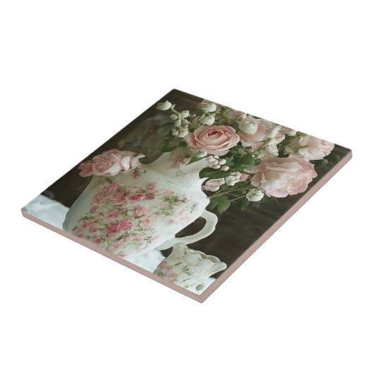 ピンクかわいらしローズインヴィンテージアンティーク中国ティーポット タイル (側面)