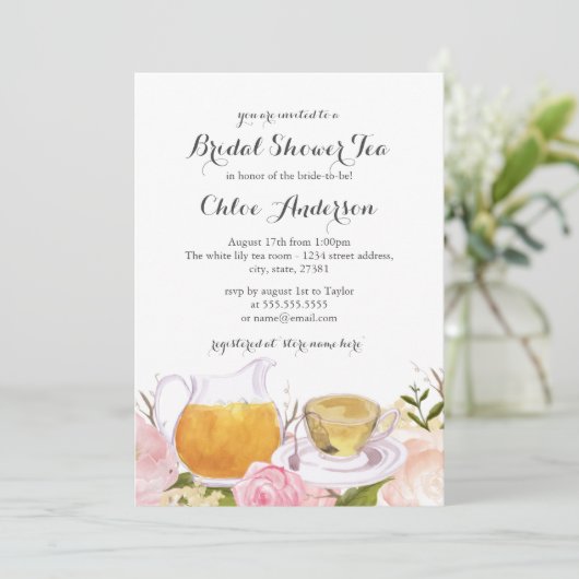 ピンクかわいらしローズティーカップブライダルシャワー招待状 招待状 (スタンド正面)