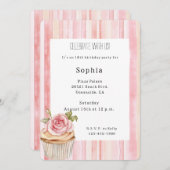 ピンクかわいらしローズフローラカップケーキ誕生日 招待状 (正面/裏面)