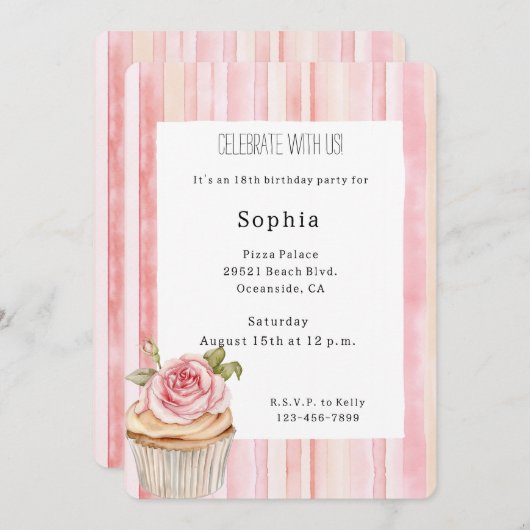 ピンクかわいらしローズフローラカップケーキ誕生日 招待状 (正面/裏面)