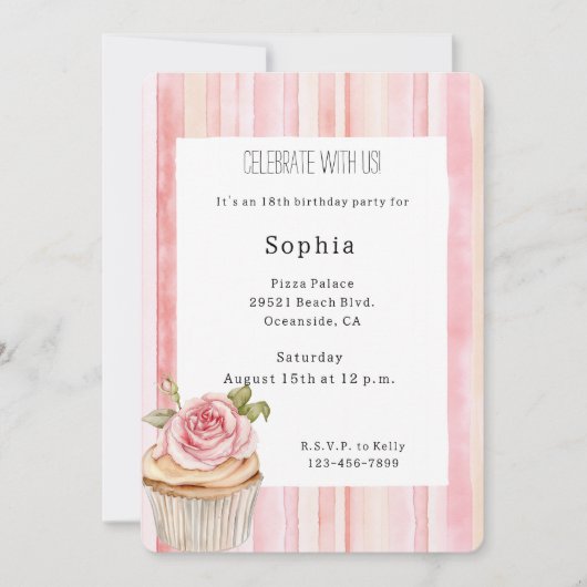 ピンクかわいらしローズフローラカップケーキ誕生日 招待状 (正面)