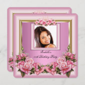 ピンクかわいらしローズフローラフォトバースデーパーティー 招待状 (正面/裏面)