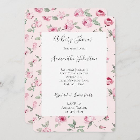ピンクかわいらしローズフローラベビーシャワー 招待状 (正面/裏面)