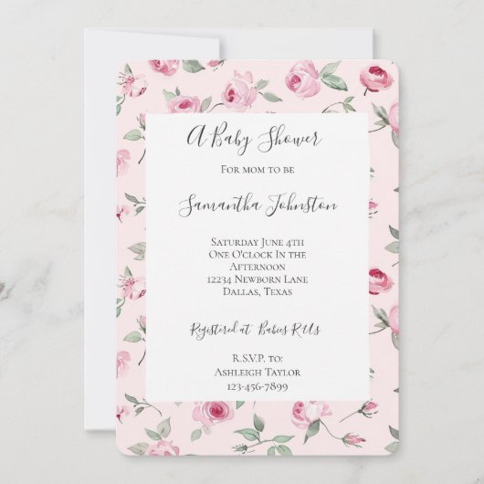 ピンクかわいらしローズフローラベビーシャワー 招待状 (正面)