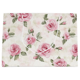 ピンクかわいらしローズフローラロマン結婚ティーズ ラージペーパーバッグ